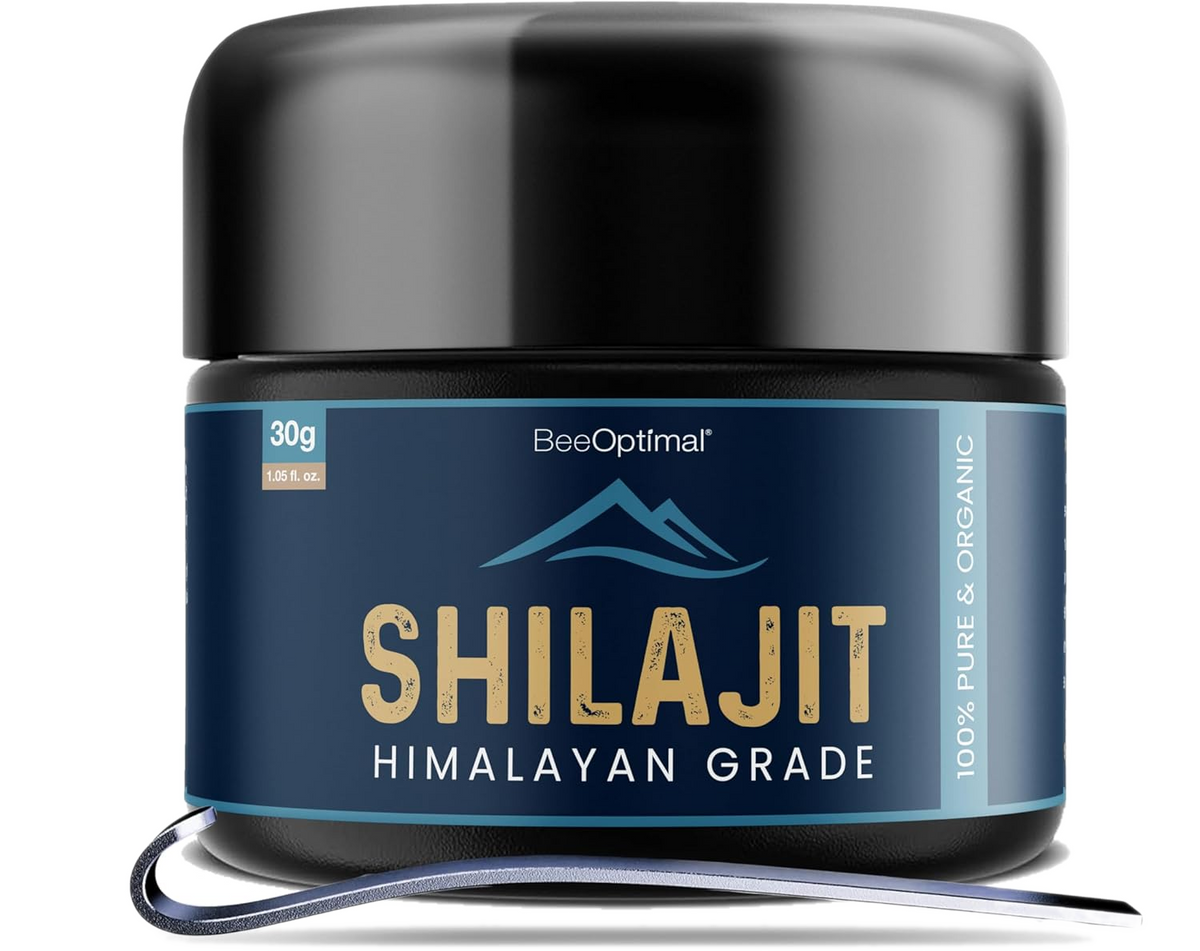 BeeOptimal Himalayan Shilajit jar with spoon on transparent background