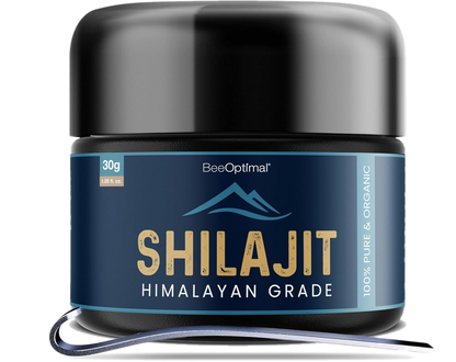 BeeOptimal Himalayan Shilajit jar with spoon on transparent background