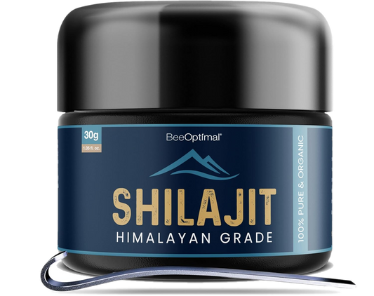 BeeOptimal Himalayan Shilajit jar with spoon on transparent background