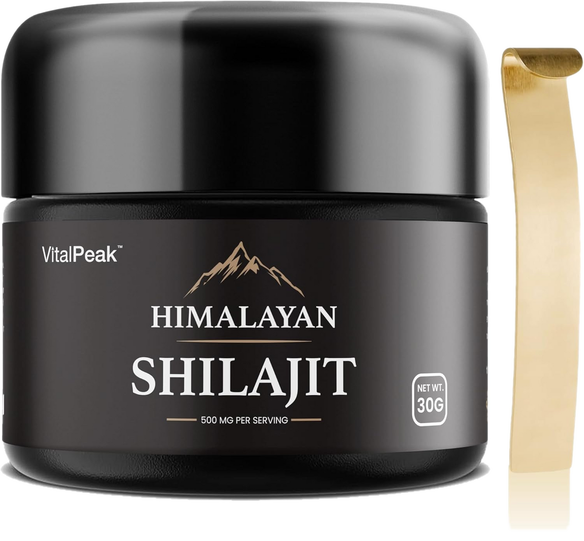 VitalPeak Himalayan Shilajit jar with gold spoon on transparent background