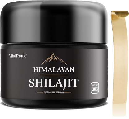 VitalPeak Himalayan Shilajit jar with gold spoon on transparent background