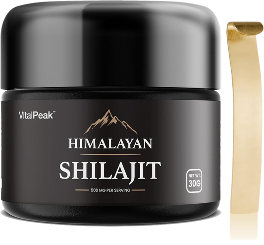 VitalPeak Himalayan Shilajit jar with gold spoon on transparent background