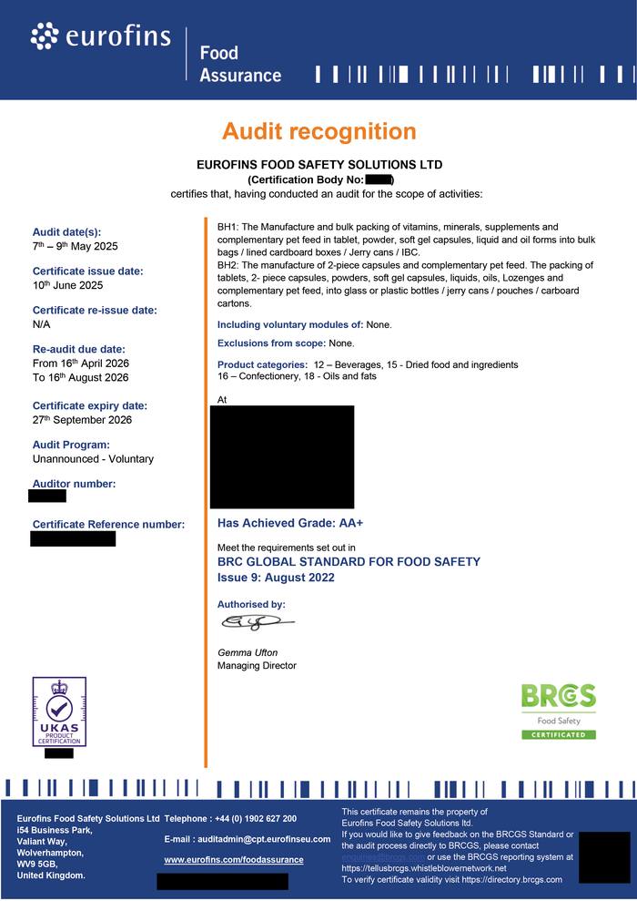 Eurofins audit recognition certificate